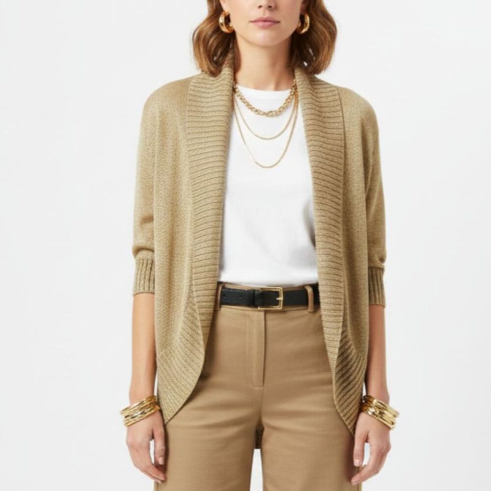 Kenneth Cole Gold Metallic Open Front Cropped Knit Sweater L Large NEW